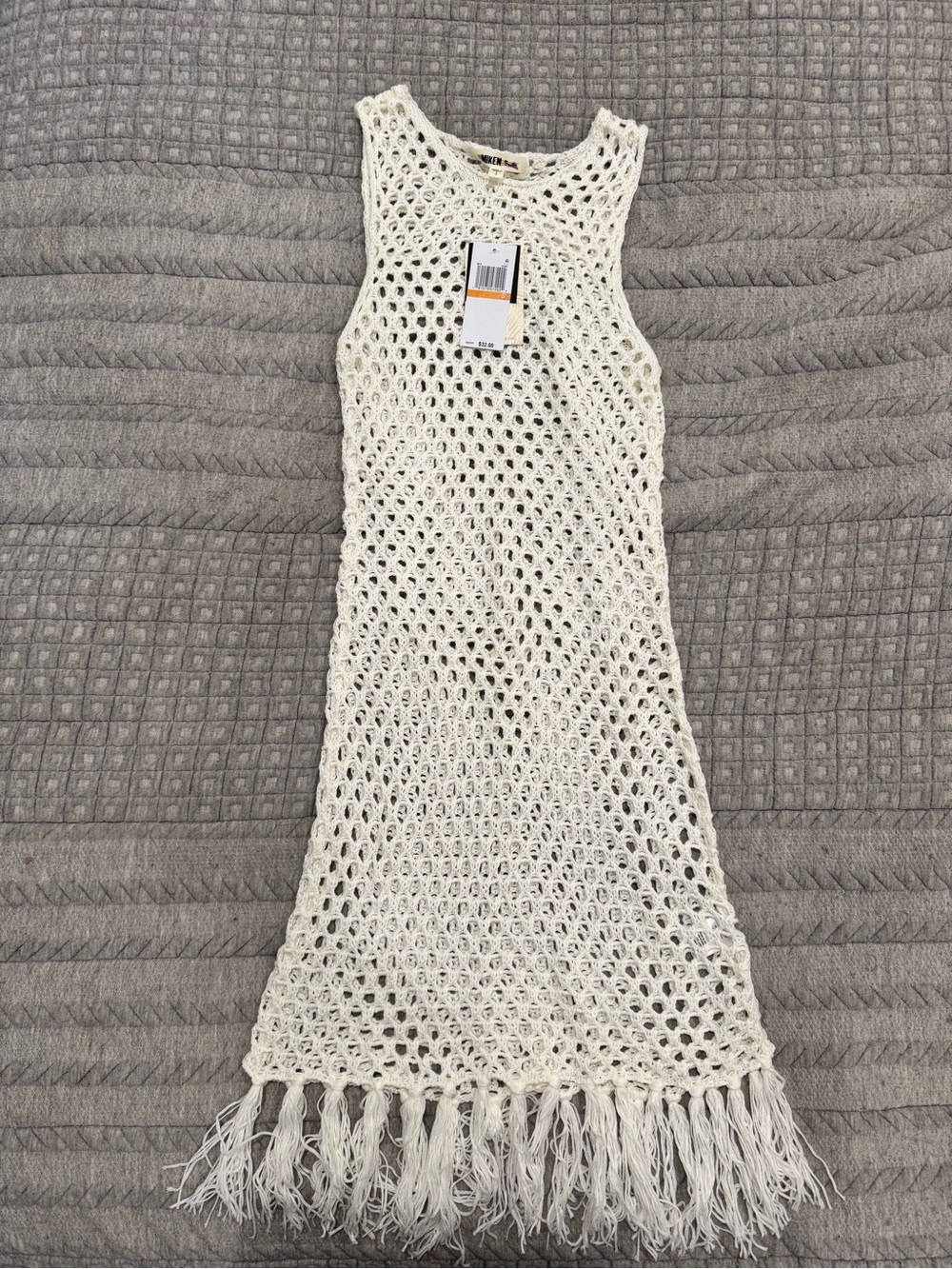 Miken Swim Crochet Fringe Beach Cover Up Dress Ivory Size S NWT